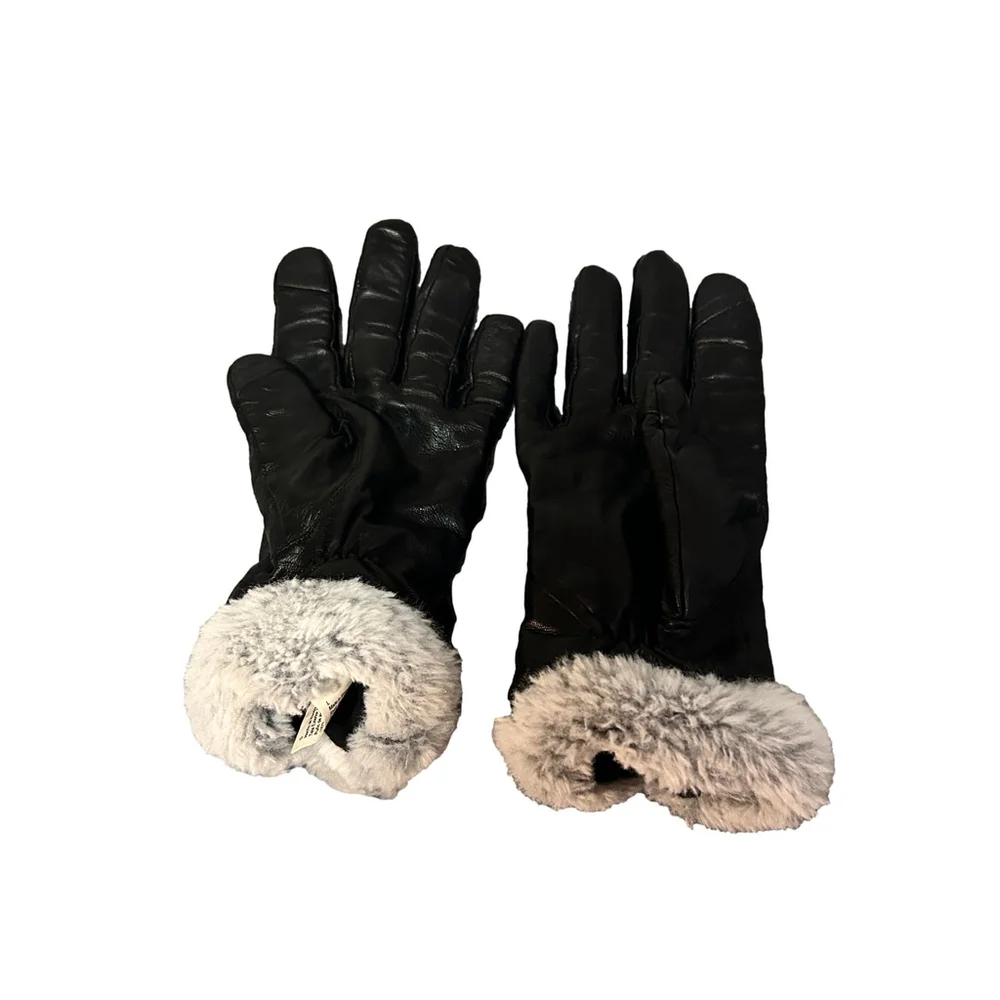 Isotoner Black Genuine Leather Gloves Fur Trim Womens